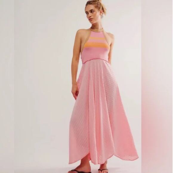 Free People Surfs Up Maxi Dress Womens Large Flamingo Pink Halter Open Back NWT - Picture 1 of 16